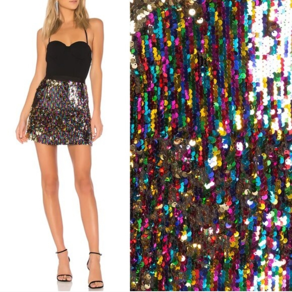 NWT Revolve NBD XXS Reversible Gold/Rainbow Sequin Mini Skirt